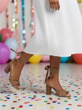 JustFab Tan Wrap-Around Block Heel Sandals- 7.5